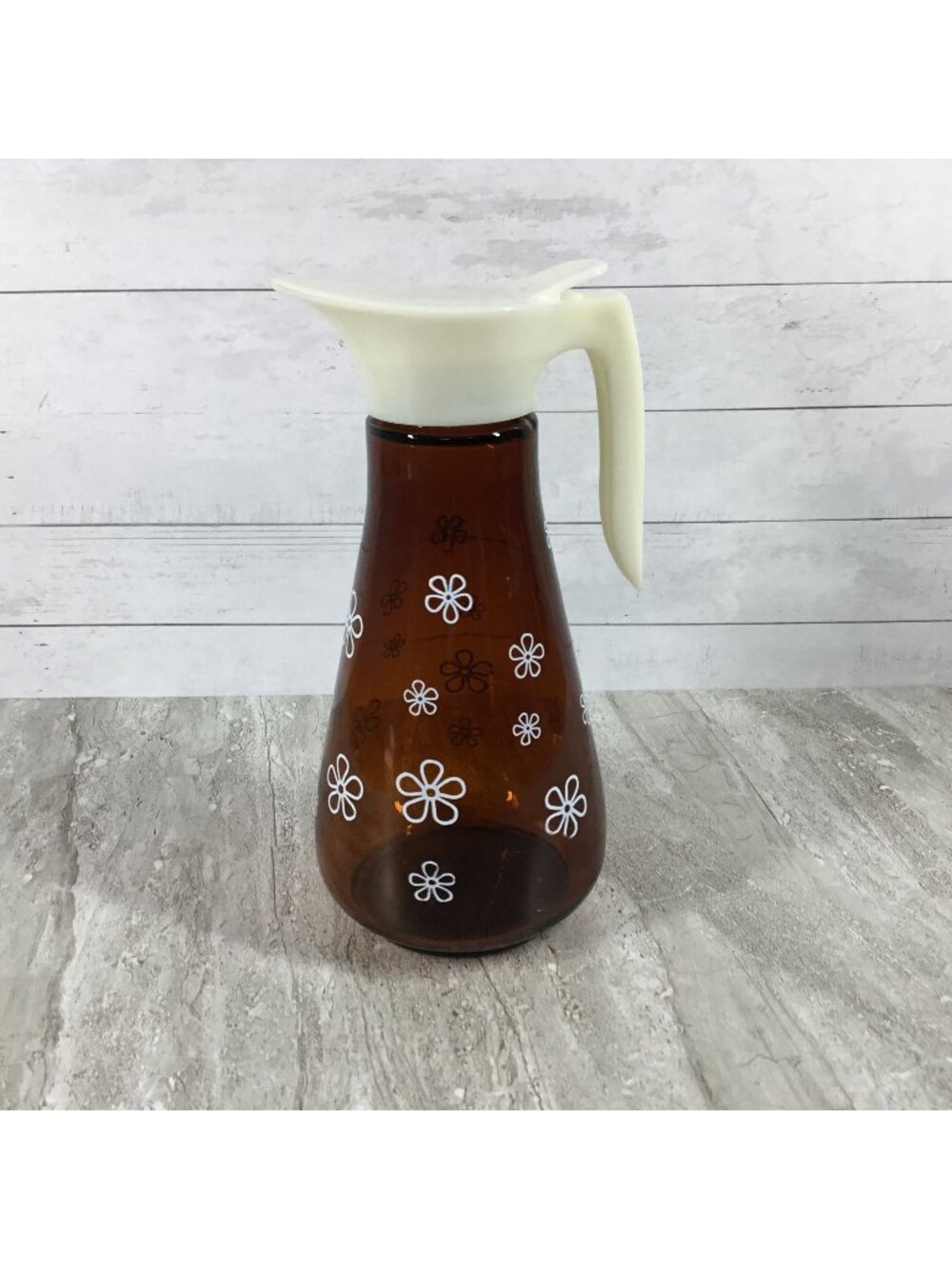 Vintage Thatcher Glass Syrup Dispenser Amber with White Daisy Pattern